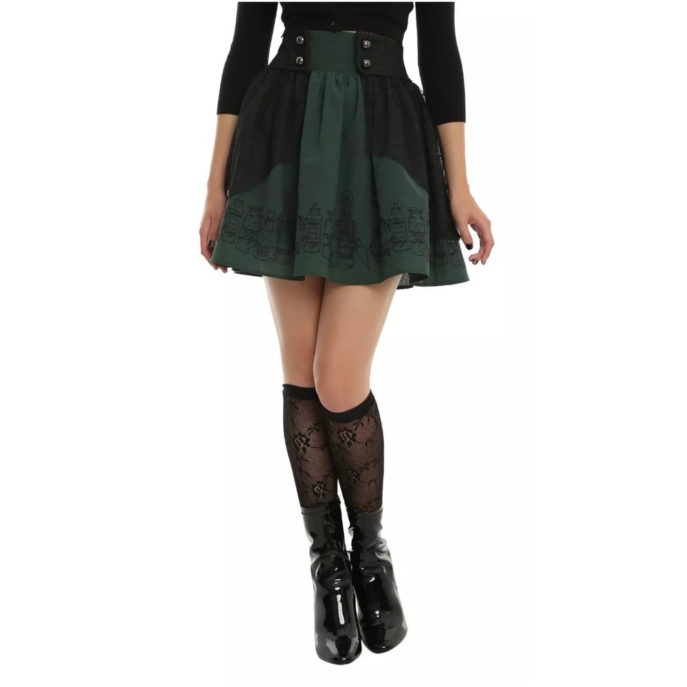 Harry Potter Potions Skirt Women's Small Green Mini Black Swiss Dot Mesh Goth